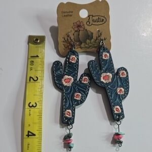 NWT Justin Genuine Tooled Leather Embroidered Cactus Earrings